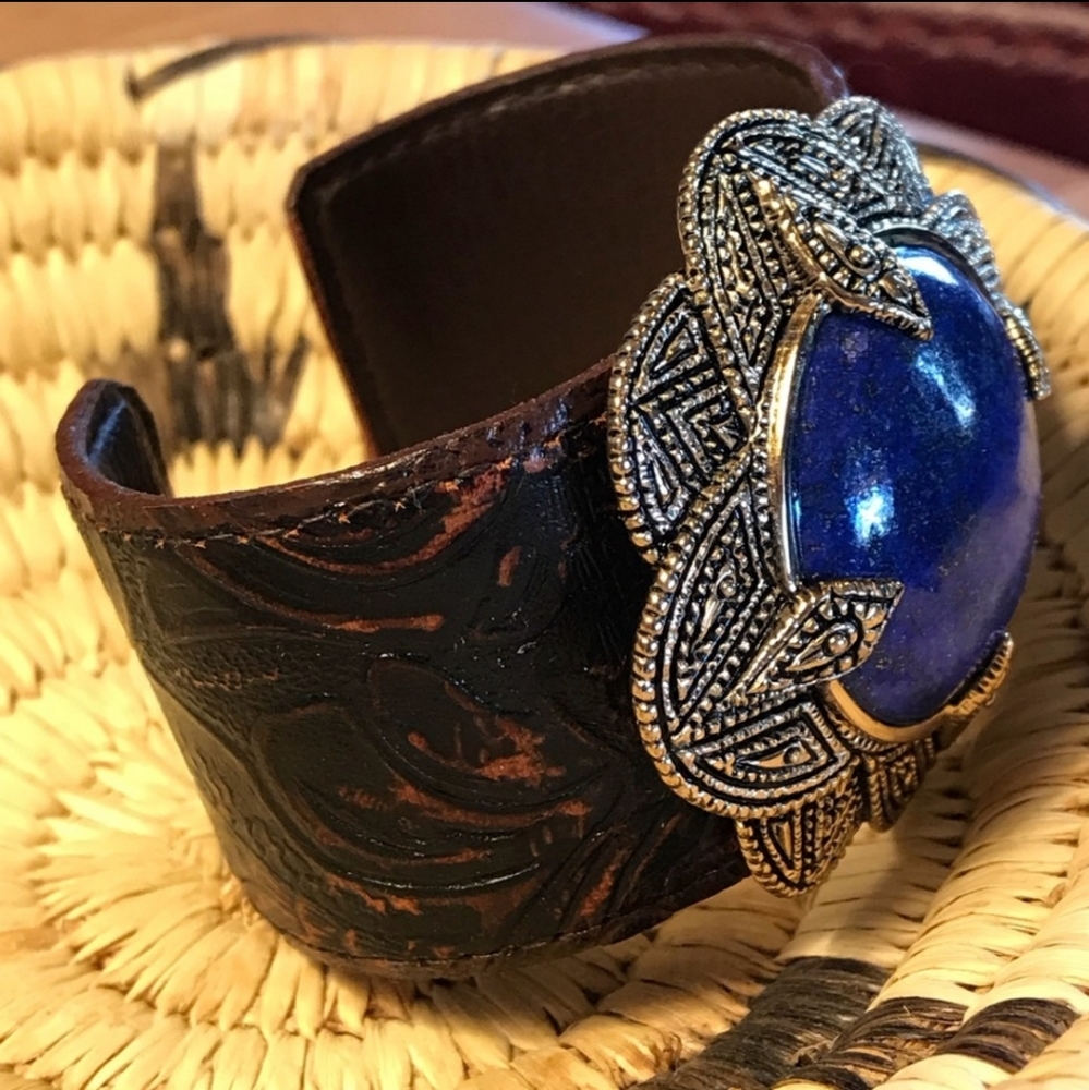 Handcrafted Leather Cuff Bracelet with Deep Blue Stone